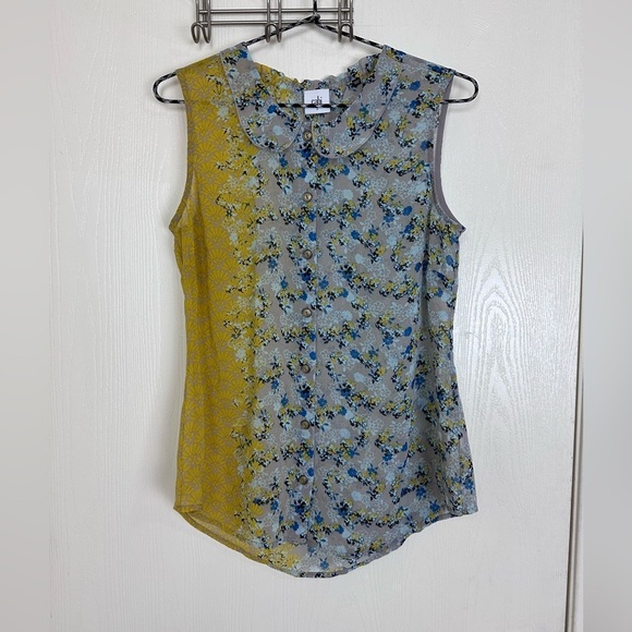 CAbi Offsides 50/50 Semi Sheer Button Blue and Yellow Blouse Women’s Size S - Picture 2 of 6